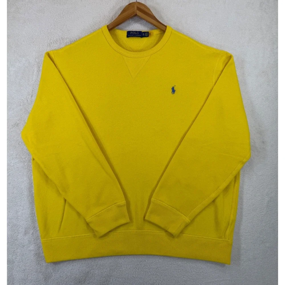 Polo Ralph Lauren Mens XL Yellow Crewneck Sweatshirt Blue Pony Fleece Pullover